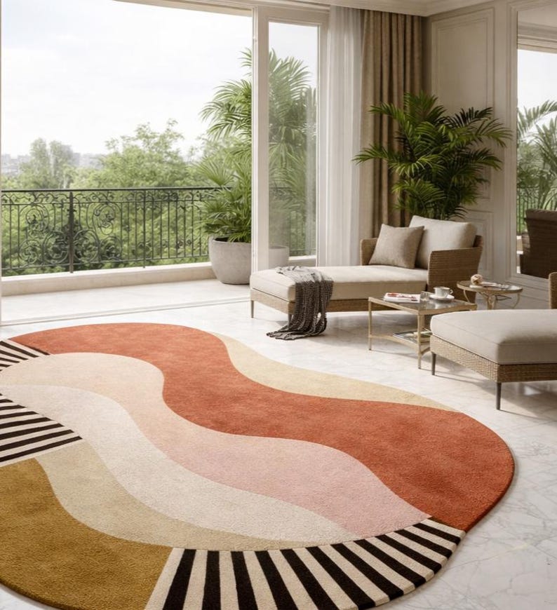May include: A large, oval area rug with a wavy design in shades of rust, pink, beige, and gold. The rug has a black and white striped border. The rug is placed in a bright, airy room with a balcony.