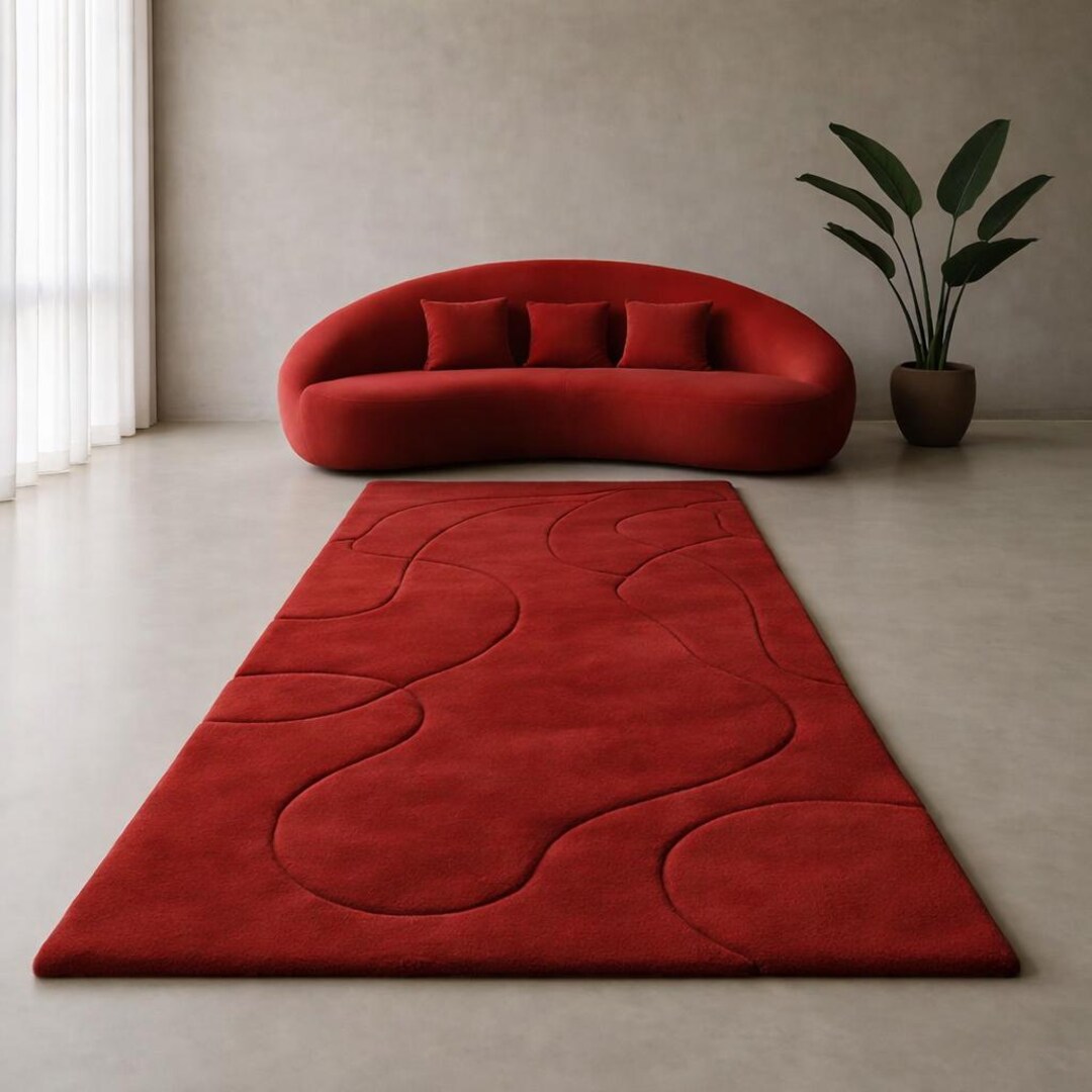 Red Wavy Rug Modern Abstract Wave Pattern Hand-tufted Red Area Rug Contemporary Area ...