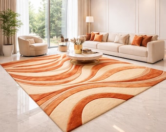 Abstract Wave Area Rug, Modern Orange Cream Carpet, Contemporary Living Room Rug, Retro Swirl Floor Rug, Large Statement Home Decor