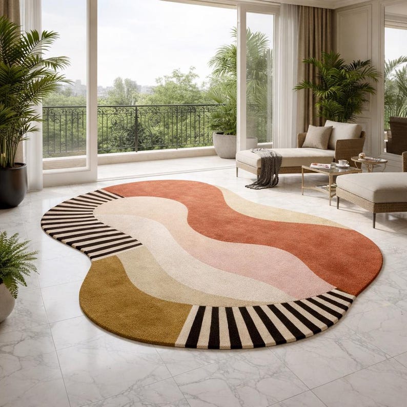 May include: An abstract area rug with a unique, organic shape. The rug features a color palette of rust, beige, pink, and brown, with black and white striped accents. The rug is placed on a white tiled floor.