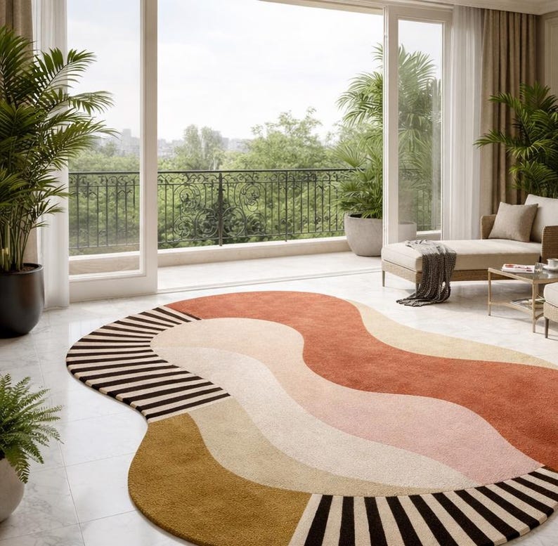 May include: A large, abstract area rug with a wavy design in shades of rust, pink, beige, and mustard yellow. The rug features black and white striped accents on the edges, adding a modern touch to the room's decor.