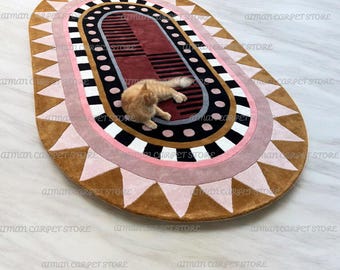 Modern Oval Geometric Hand Tufted Rug with Tribal Border Multicolor Accent woolen area rug rugs for living room, bedroom office rug