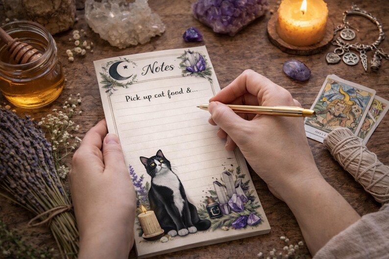 Personalized Black Cat Crystal Notepad | Witchy Notes Pad | Moon ...