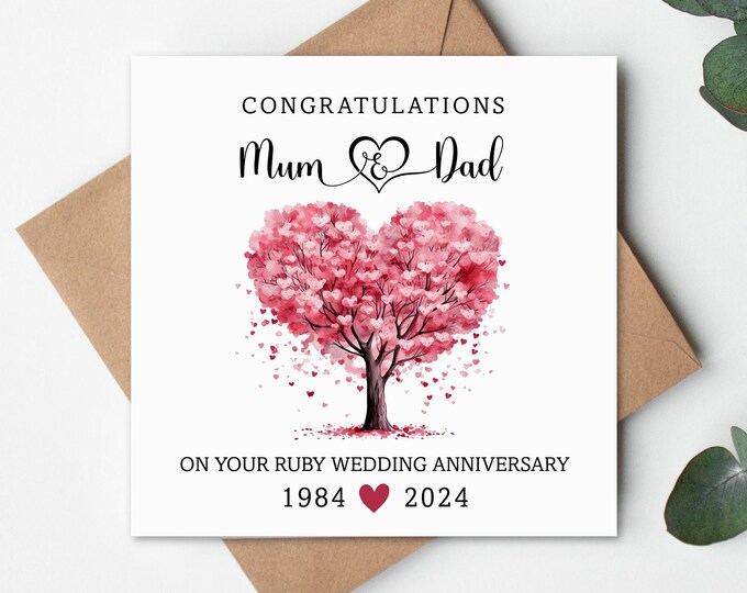 Ruby Wedding Anniversary Card, 40th Wedding Anniversary Card, Card for ...