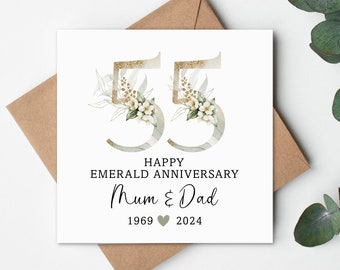 Emerald Wedding Anniversary Gift Card, Emerald Wedding Card, Emerald Anniversary, Anniversary Card, 55 year Anniversary, Personalised Card