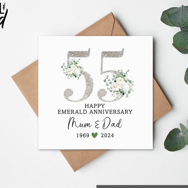 Emerald Wedding Anniversary Gift Card, Emerald Wedding Card, Emerald Anniversary, Anniversary Card, 55 year Anniversary, Personalised Card