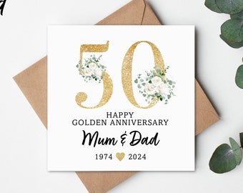 Gouden huwelijksverjaardagskaart, gepersonaliseerde kaart, gouden trouwkaart, jubileumkaart, gouden jubileum, 50-jarig jubileum, gouden