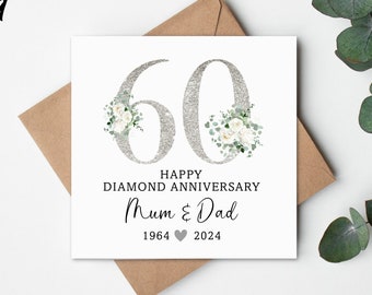 Tarjeta de regalo de aniversario de boda de diamante, tarjeta de boda de diamante, aniversario de diamante, tarjeta de aniversario, aniversario de 60 años, tarjeta personalizada