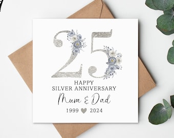 Carte de mariage en argent, carte d'anniversaire, carte-cadeau d'anniversaire de mariage en argent, carte personnalisée, anniversaire de mariage, anniversaire de 25 ans,