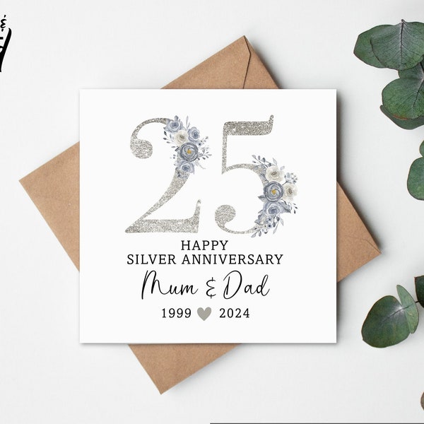 Silver Wedding Card, Anniversary Card, Silver Wedding Anniversary Gift Card, Personalised Card, Silver Anniversary, 25 year Anniversary,