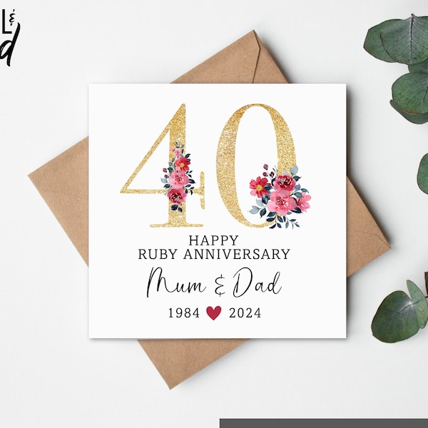 Ruby bruiloft verjaardag kaart, gepersonaliseerde kaart, Ruby trouwkaart, verjaardagskaart, Ruby verjaardag, 40 jaar jubileum, Ruby bruiloft