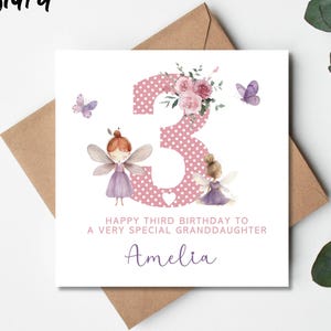 Personalised 3rd Birthday Card, Girls 3rd Birthday Card, Daughter, Granddaughter, Niece, Sister, Goddaughter Pink Fairy Birthday Card