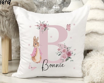 Personalised Peter Rabbit Cushion | Girls Pink Floral Letter Gift | Bedroom decor | Daughter | Granddaughter | Goddaughter | Flopsy Bunny