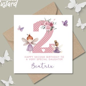 Personalised 2nd Birthday Card, Girls 2nd Birthday Card, Daughter, Granddaughter, Niece, Sister, Goddaughter Pink Fairy Birthday Card