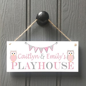 PERSONALISED PLAYHOUSE SIGN grey pink Owls kids playhouse sign/ spiel Haus/ playroom signs//