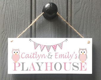 PERSONALISED PLAYHOUSE SIGN grey pink Owls kids playhouse sign/ spiel Haus/ playroom signs//