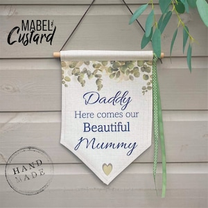 Here comes our beautiful mummy wedding day flag | Here comes the bride wedding sign | Wedding day page boy keepsake