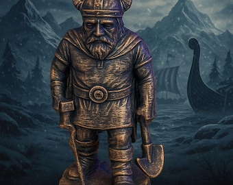 May include: A bronze-colored Viking statue with a horned helmet, holding a shovel and a metal detector. The word "VIKING" is at the top, with "3DPrintNgo" below. The background features a snowy mountain landscape and a Viking ship.