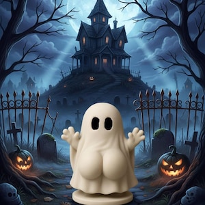 Peut inclure: Illustration sur le thème d'Halloween avec une figurine de fantôme de dessin animé devant une maison hantée, un cimetière et une pleine lune. L'image évoque une atmosphère effrayante avec des citrouilles d'Halloween et des arbres sombres et dénudés.