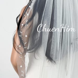 White Beaded Bridal Pearl Veil,Cathedral Veil,Ivory Wedding Veil,One Tier Veil,Delicate Edge Veil,Modern Wedding Veil,Soft Tulle Veil,