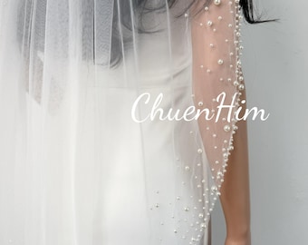 Bruidssluier met parels, witte parelsluier, bruidssluier met kralen, sluier met één laag, kathedraalsluier, ivoor sluier, vingertopsluier, sluier met delicate rand,