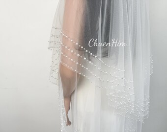 Handmade Pearl & Crystal Beaded Bridal Veil, Two Tier Tulle  display picture 2