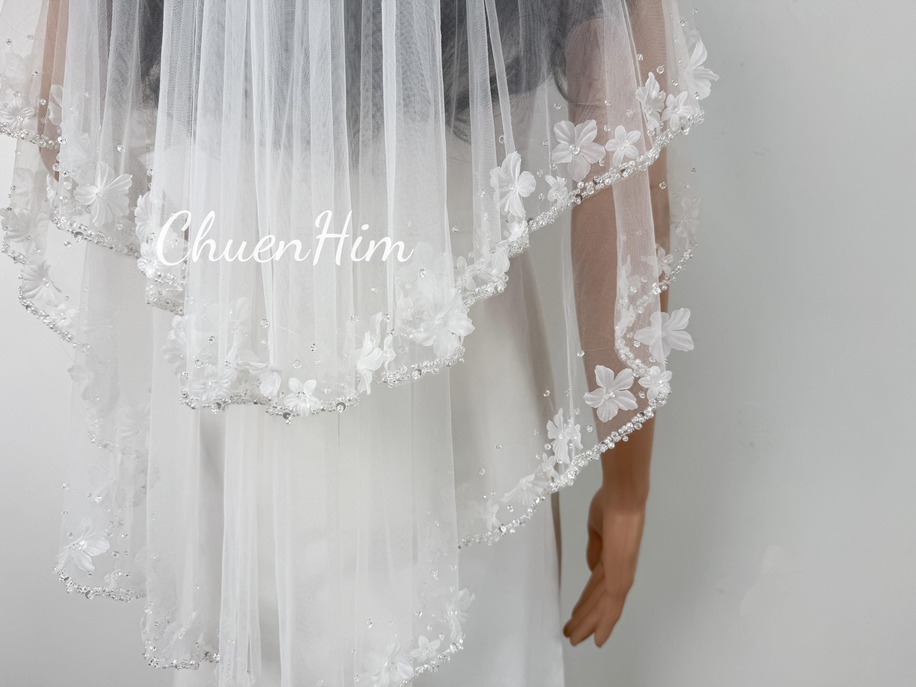 Pearl Crystal Beaded Bridal Veil,floral Wedding Veil  display picture 1