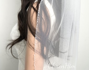 Beaded Edge Veil,Beaded Bridal Veil,Simple Wedding Veil,Beaded Fingertip Veil,Cathedral Veil,Single Tier Veil,Long Veil,Classic Plain Veil,