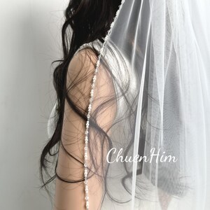 Pearl Beaded Bridal Veil,Pearl Crystal Beaded Veil,Delicate Pearl Edge Wedding Veil,White Wedding Veil,Ivory Bridal Veil,Single Layer Veil,
