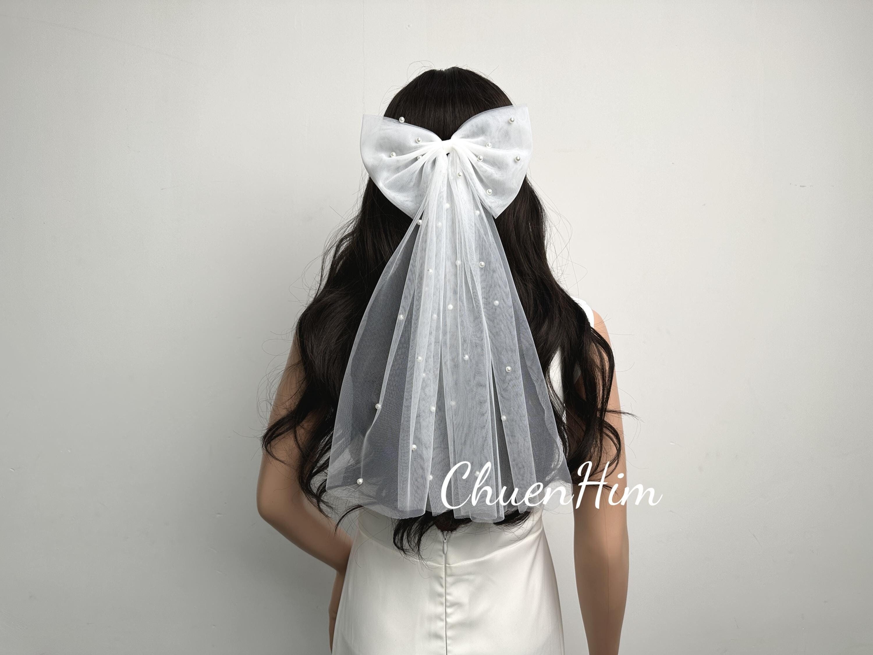 Wedding veil white bridal shoulder short length pearls bow elegant brand new Bow Bridal Veil,pearl Wedding Veil,veil With Comb,ivory  main image 4