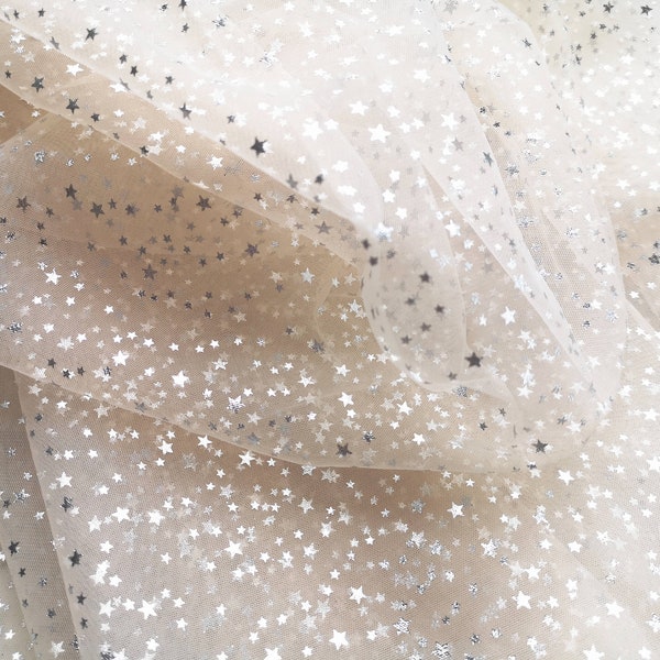 Silver Star pentagramTulle,Sparkling Tulle,Champagne Tulle,Wedding Bridal Veil Tulle Fabric,Ivory Mesh Tulle