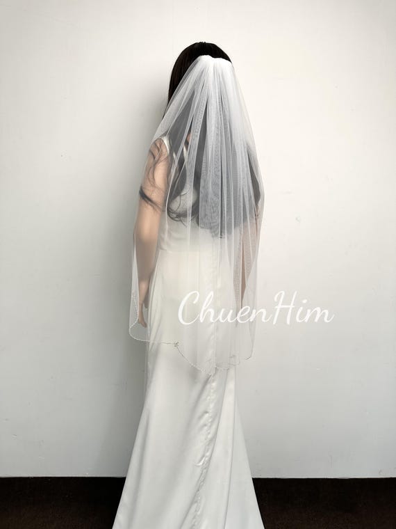 Scalloped Beads Edge Veil,beaded Bridal Veil,ivory Wedding  display picture 1