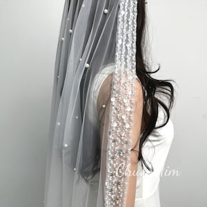 Modern Wedding Veil,Pearl Bridal Veil,Beaded Edge Bridal Veil,1 Tier Elegant Veil,Crystal Sequins Edge Veil,Ivory Bridal Veil,
