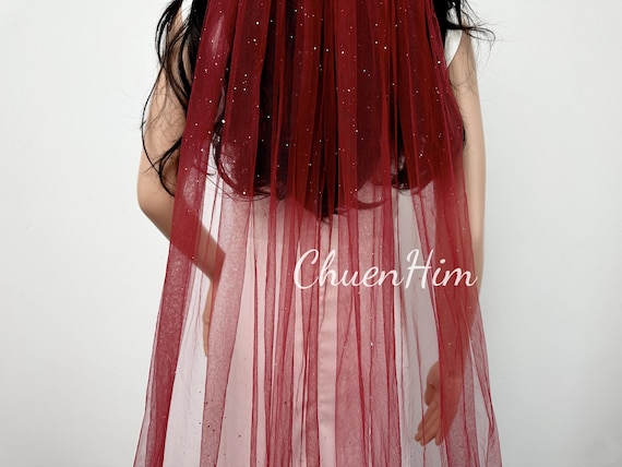 Wine Red Long Veil,Knee Length Veil,Cathedral Veil,Simple Bridal Veil,Wedding Veil,One Tier Veil,Veil With Comb,Handmade Veil,Unique Veil