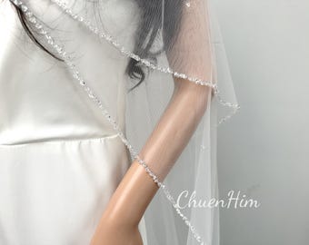 Ivory Tulle Two-Tier Beading Elbow Wedding Veil With Comb Ivory Tulle Two-Tier Beading Elbow Wedding Veil With Comb
