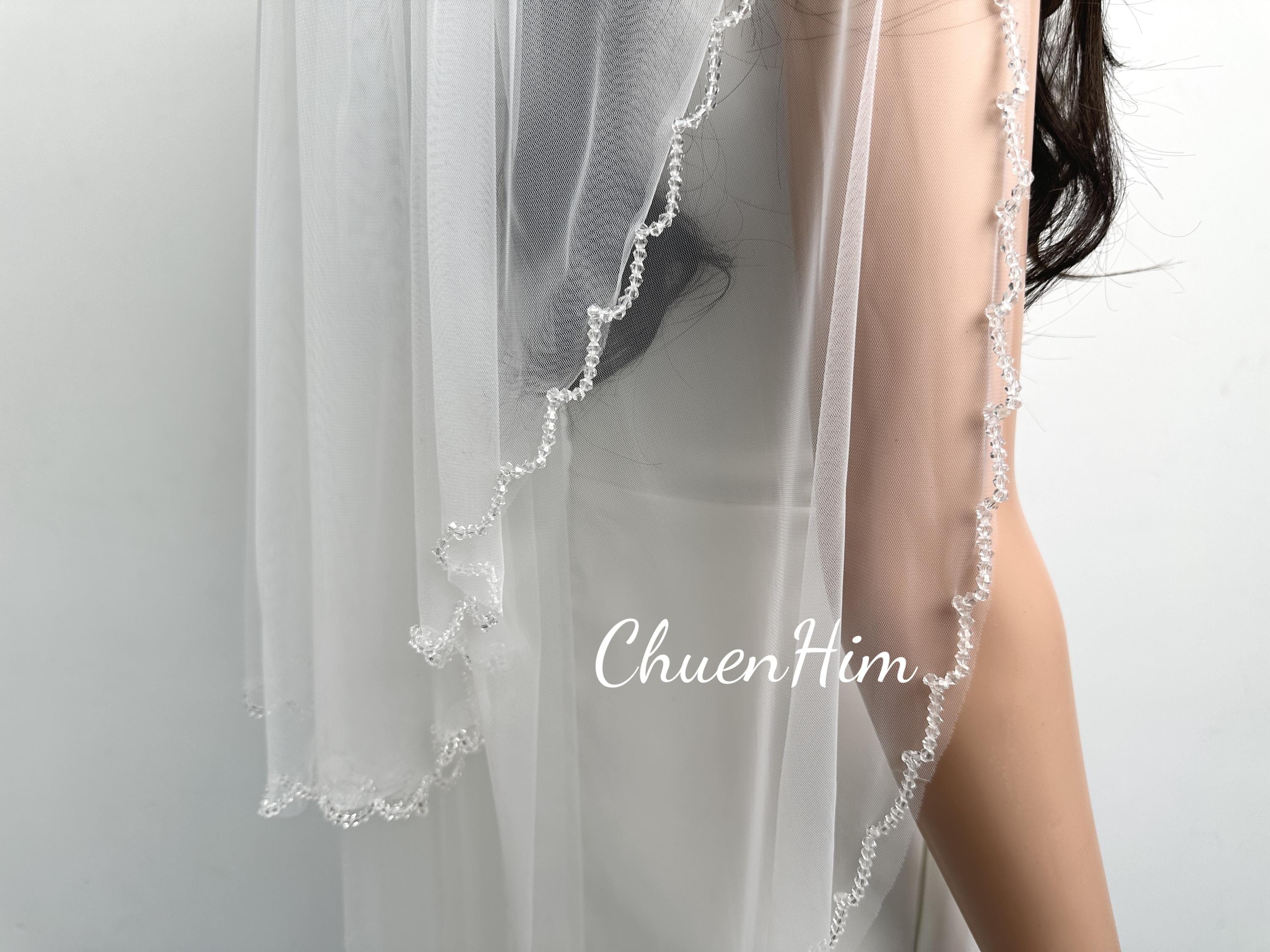 Two-Tier Cathedral Veil with Crystals (with Comb) Crystal chapel wedding veil by twigs and honey - Crystal  main image 4