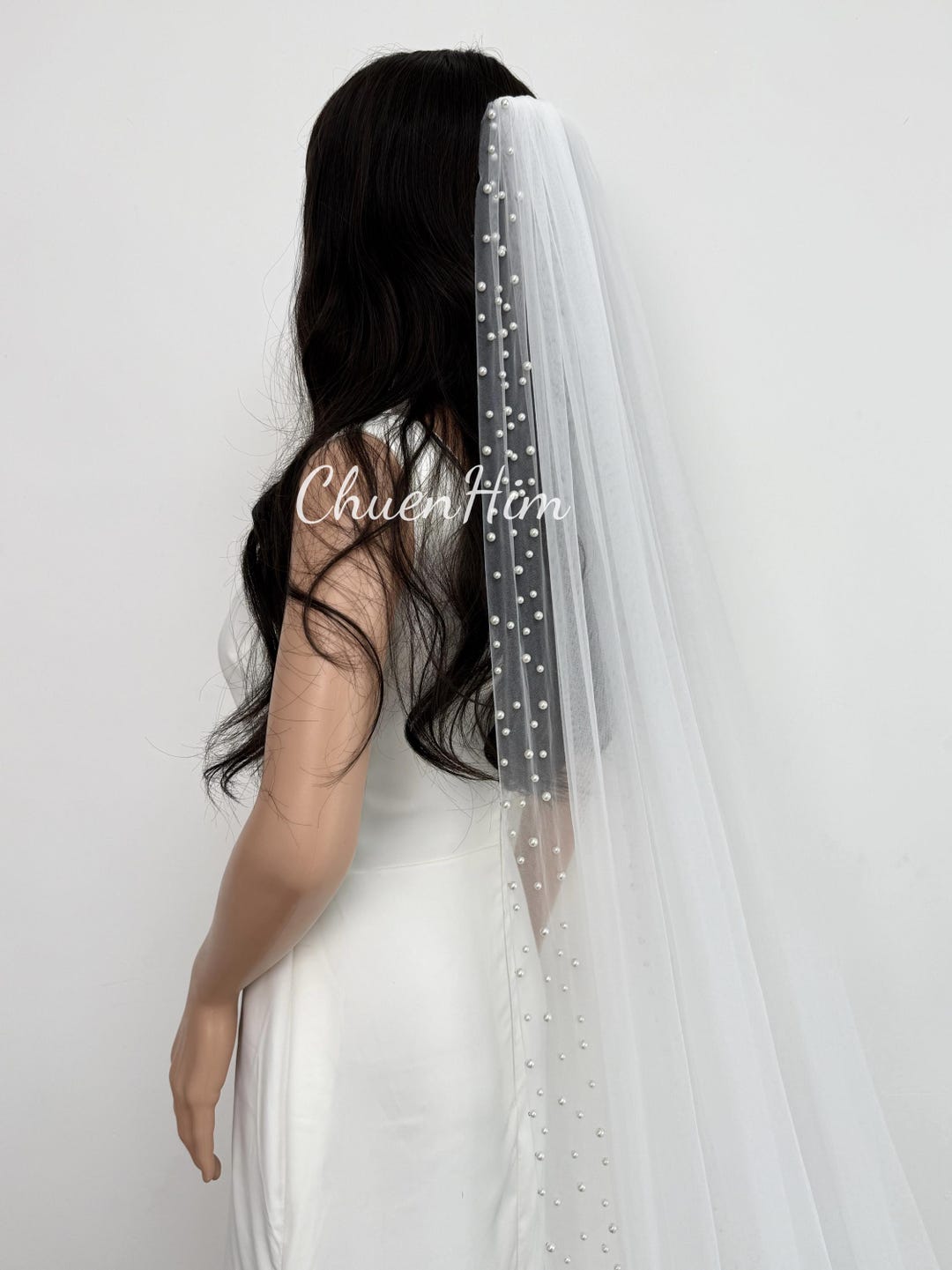 Handmade Luxury Classic White Bridal Veil with Pearl Teardrop Trim pearl veil sold on Temu United States main image 4