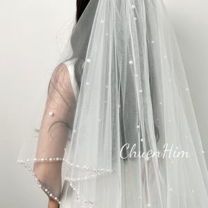 White pearl veil,Blusher Bridal Veil,Wedding Crystal Double-Layer Veil,Cathedral Veil,Ivory Beaded Veil,Premium 2 tier Handmade Veil,