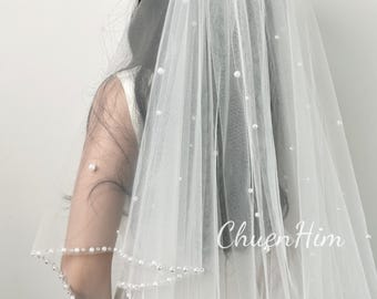 Weißer Perlen Schleier, Brautschleier, Hochzeit Kristall Schleier, Schleier mit weißen Perlen, Ivory Perlen Schleier, handgefertigter Schleier