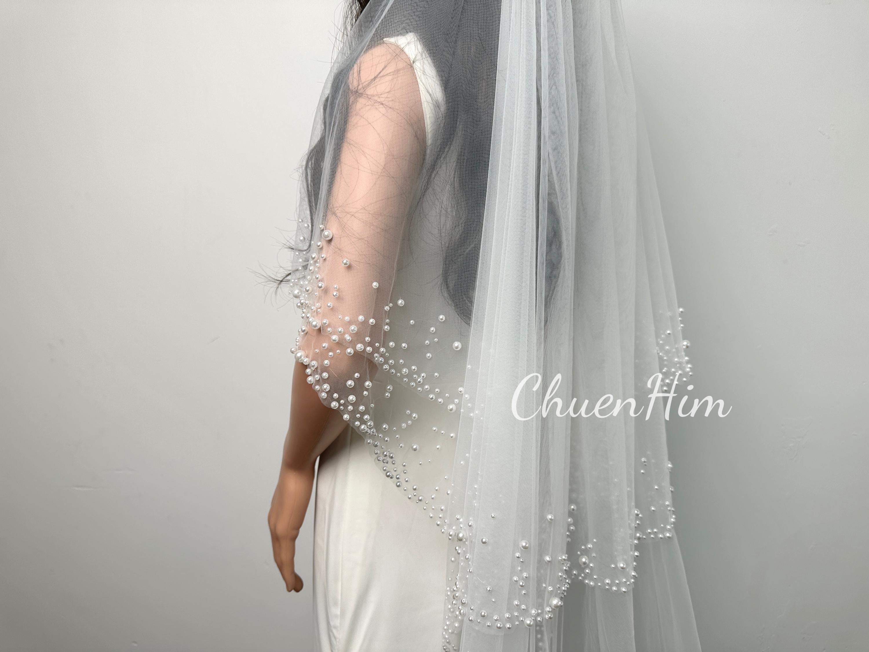 Pearl Bridal Veil,Double Layer Pearl Veil,Veil With Comb,Pearl Wedding Veil,Blush Veil,Blusher Cathedral Veil,Ivory Bridal Veil,Beaded Veil,