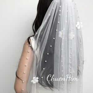Pearl Beaded Wedding Veil,Beaded Bridal Veil,White Pearl Veil,Floral Wedding Veil,Ivory Beaded Veil,Cathedral Veil,Long Veil,Veil With Comb