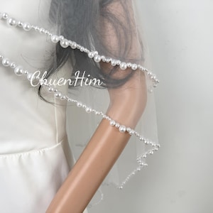 2 Tier Pearl Beaded Bridal Veil,Ivory Pearl Wedding Veil,Blusher Cathedral Veil,Delicate Edge Veil,Premium Veil,White Pearl Veil,Glam Veil,