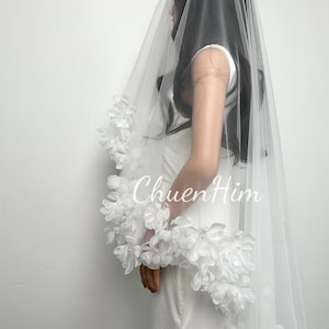 Floral Wedding Veil,Ivory Bridal Veil,White Pearl Veil,Handmade Veil,Long Veil,Cathedral Veil,Modern Wedding Veil,Floral Bridal Veil,