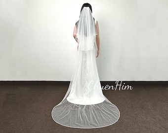 Velo da sposa bianco, velo con perline a doppio strato, velo da sposa avorio, velo con punta delle dita, velo da cattedrale fard, velo con bordo perline, velo con bordo delicato,