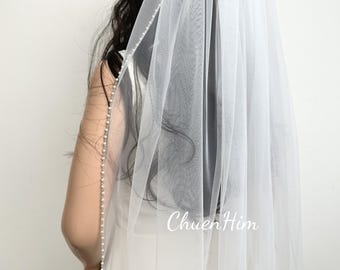 Beaded Bridal Veil,Beaded Wedding Veil,White Wedding Veil,Ivory Bridal Veil,Cathedral Veil,Elbow Veil,Long Veil,Beaded Modern Wedding Veil