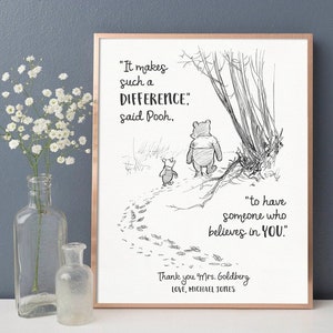 Personalized Teacher Gift, Thank You Gift, It makes such a difference, Vintage Style Winnie the Pooh, Teacher Appreciation, Printable Gift