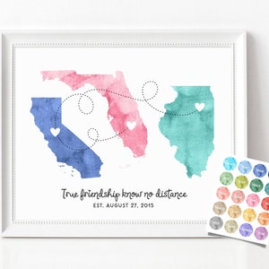Three State Maps, Long Distance Best Friends Gift, Watercolor States, Moving Away Printable, Long Distance Relationship Gift, Personalized