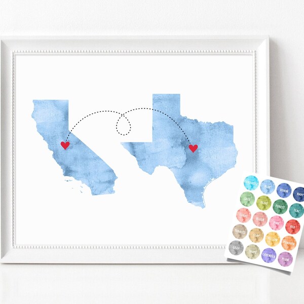 Personalized States Hearts, Custom Location, Two State Maps, Watercolor Wedding Gift, Couple Art, Watercolor States, Printable States Gift