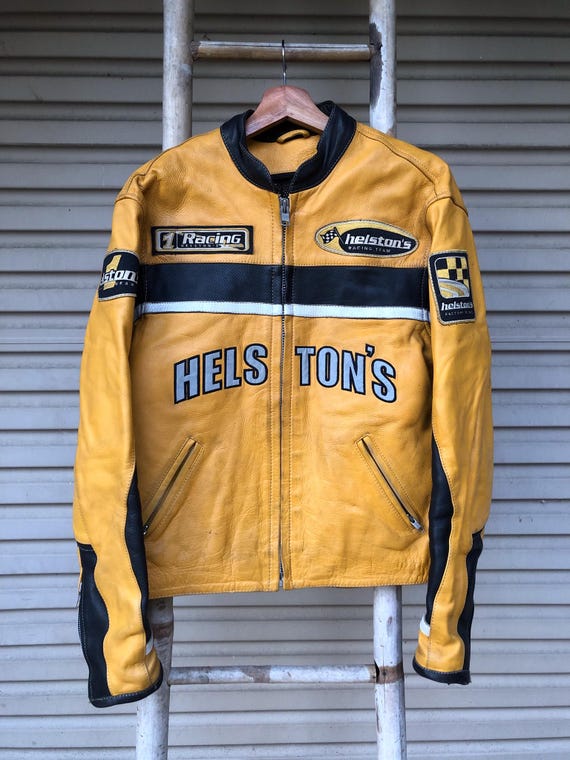 Vintage 90s Helston's Racing Motorcycle Leather Jacket Yellow
