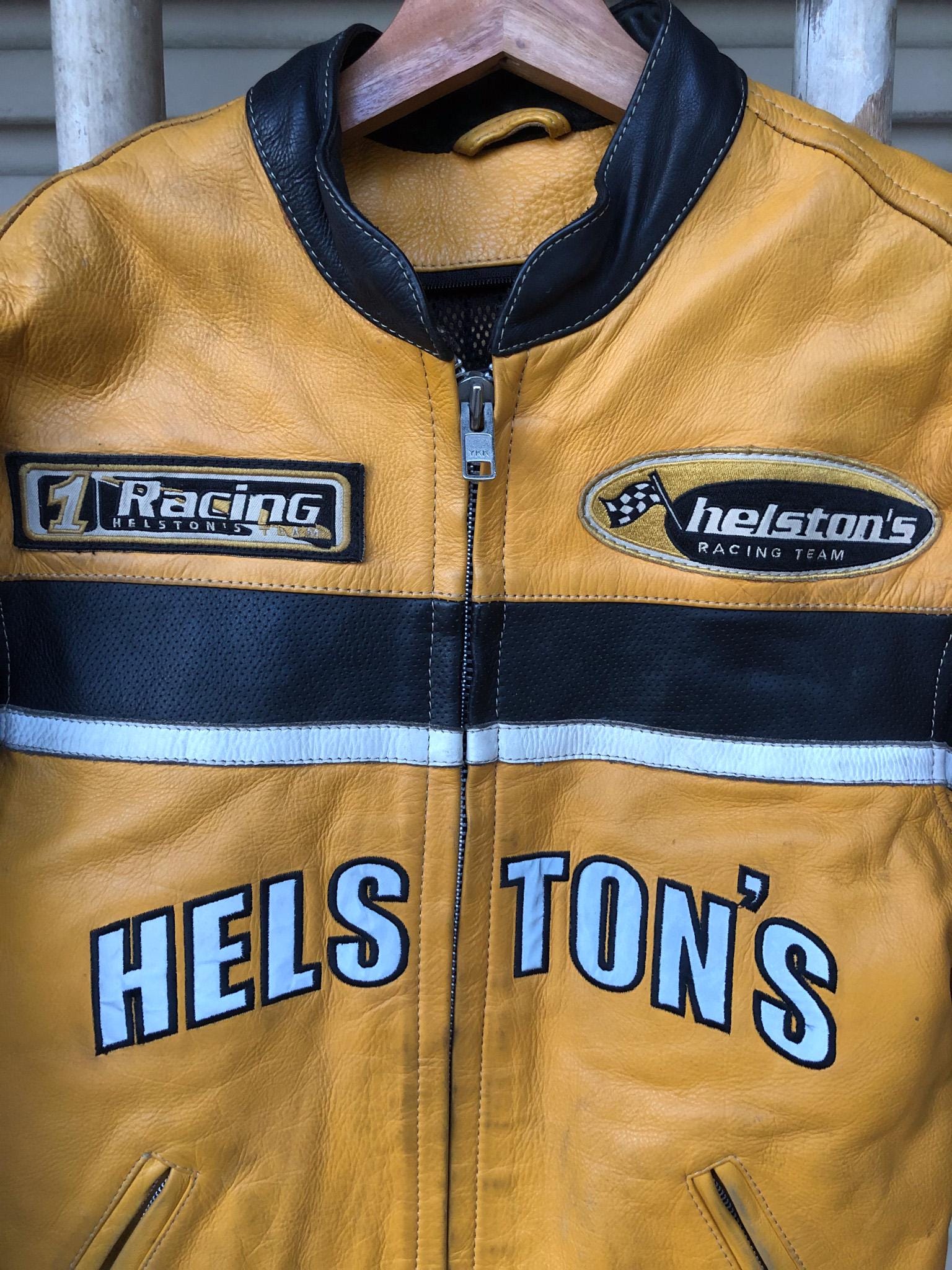 Vintage 90s Helston's Racing Motorcycle Leather Jacket Yellow